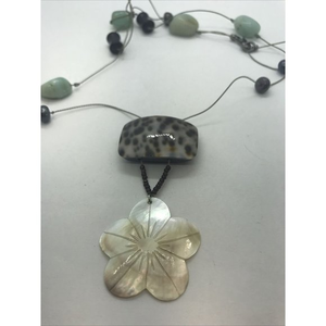 Artisan Cowrie Shell Mother of Pearl Hibiscus  Flower Corded 32"‎ Necklace MOP